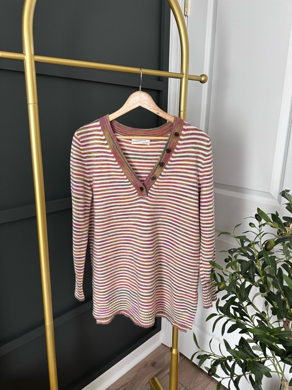 Anthropologie Striped V-Neck Button Sweater in Cream, Pink & Sage Size S